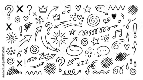 Hand-drawn black-and-white doodle icons collage with whimsical line art symbols on a white background, ideal as a decorative pattern or illustration
