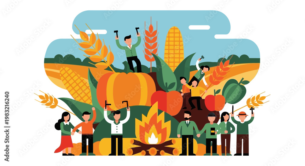 Naklejka premium Happy People Celebrating Harvest Festival Around Bonfire.