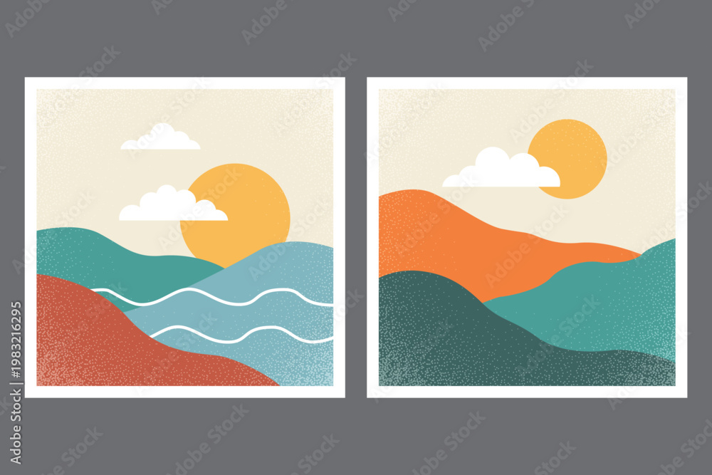 Fototapeta premium Set of two minimalist mid-century framed wall art prints featuring abstract nature landscapes.