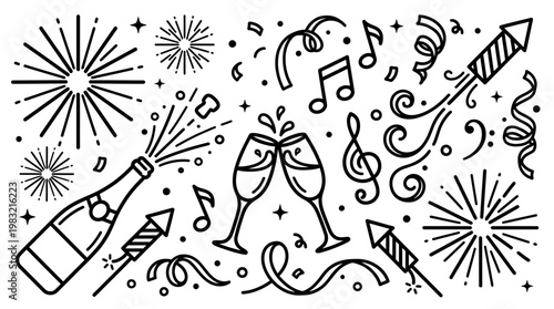 Whimsical black-and-white celebration doodle featuring champagne, confetti, fireworks, music notes, party hats and festive elements
