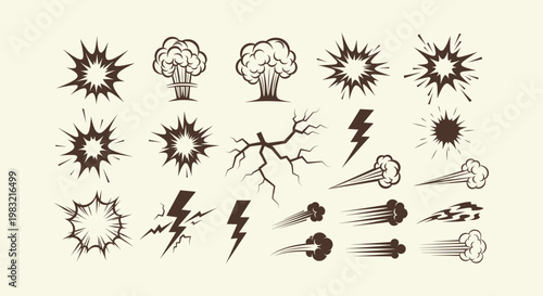 Comic boom explosion effects collection with lightning, smoke trails, speed lines and ground cracks.