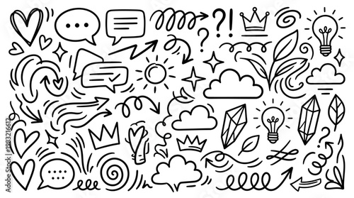 Monochrome hand-drawn doodle collage of communication, ideas, love, and creativity icons for branding, marketing, and social media.