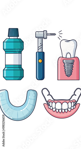 Dental Care Icons: Mouthwash, Drill, Implant, Mouthguard, Dentures