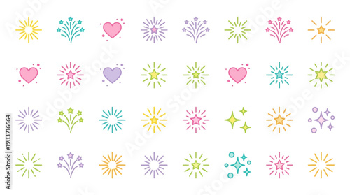 Pastel decorative icon set featuring hearts, flowers, snowflakes, sunbursts and stars in a repeating grid pattern for web, print, and craft designs.