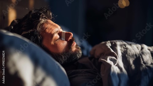 Mouth tape sleeping man side view bearded man in bedroom close up, nasal breathing sleep health bedtime relaxation on pillow
