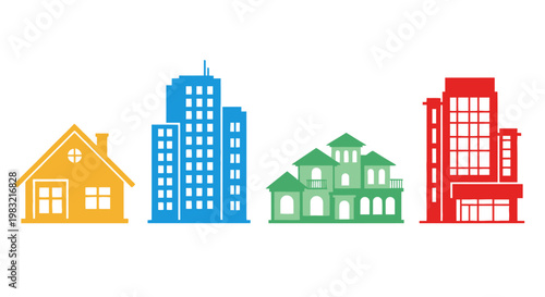 Diverse Buildings Collection: House, Apartments, and Office Building Icons