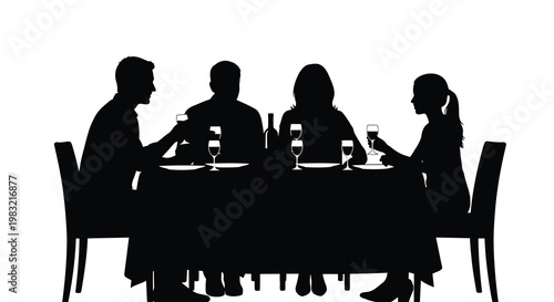 Silhouette of a family enjoying a meal together at a dining table