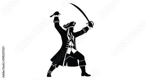 A silhouetted pirate brandishes a curved saber with a skull at the hilt