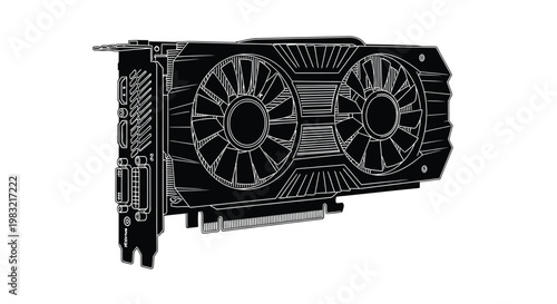 Black and white outline of a modern computer graphics card
