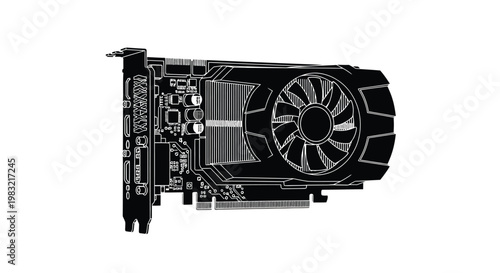 A detailed illustration of a modern computer graphics card side view