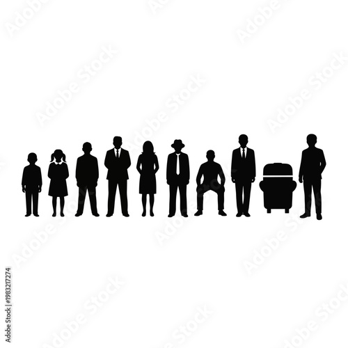 Diverse group of people in silhouette, representing different ages and roles, standing together.