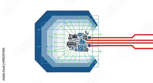 Overhead digital schematic shows interconnected factory equipment within a layered blue octagon shape, with green gridlines and red output lines extending to the right, set against a clean