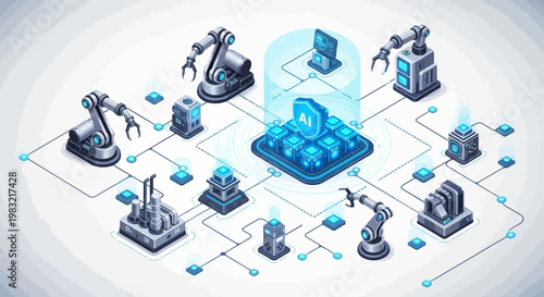 Isometric illustration showing robotic arms and automated systems connected by a network, set against a clean white background, conveying a sense of modern industrial automation