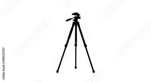 Silhouette of a tripod with a camera mounted on top against white