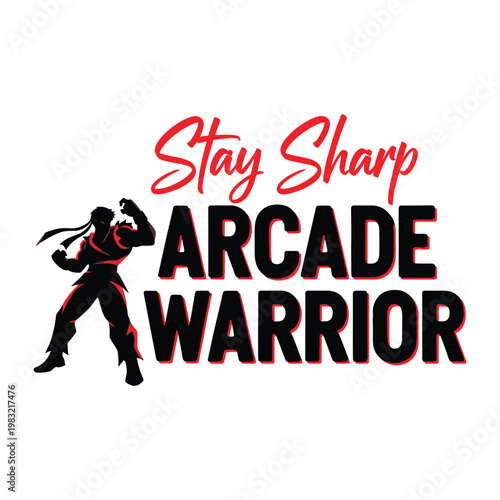 Arcade warrior logo with a silhouette of a person in a fighting stance tshirt design