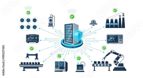 Illustrated schematic displays a central server connected to robotic arms, monitors, and factory components with wireless signals on a clean white background, suggesting data flow