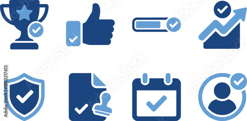 Collection of blue success and achievement icons in a flat design