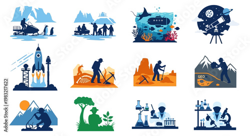 Diverse Science and Exploration Concepts: Space, Arctic, Ocean, Mining, Rocket, Nature