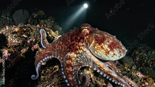 A giant Pacific octopus hunting at night on a rocky reef, its body shifting through a rapid sequence of camouflage textures and colours as it moves across the substrate
