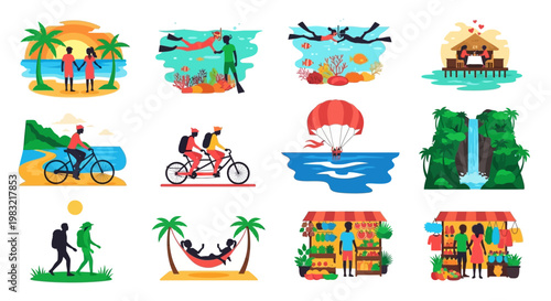 Diverse Tropical Vacation Activities Collage: Beach, Snorkeling, Cycling, Hiking, Relaxation, Shopping