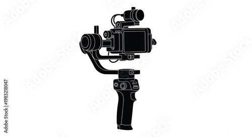 Black and white outline of a professional video camera with gimbal stabilizer