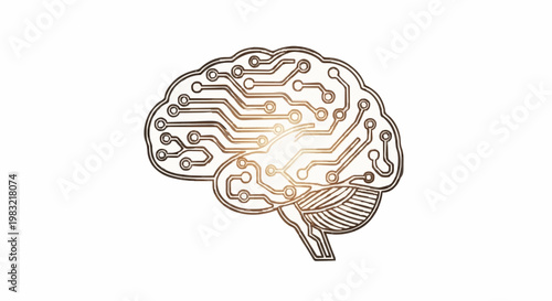 Illuminated circuit board brain illustration representing artificial intelligence, digital thinking, and advanced technology concepts for data processing and cognitive science and innovation