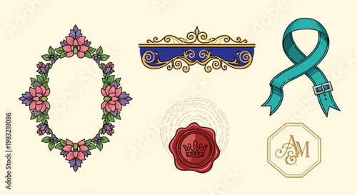 Elegant Decorative Elements: Floral Frame, Ornate Border, Ribbon, Wax Seal, Monogram