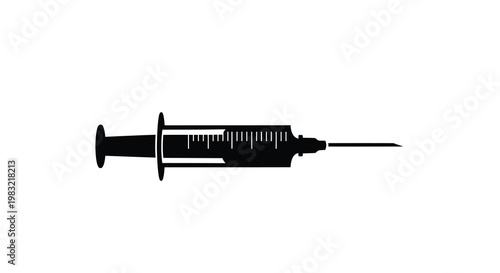 A black silhouette of a medical syringe on a white background