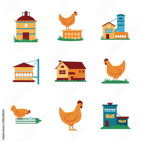 Farm Chicken Coop Buildings and Hens Vector Icons Set