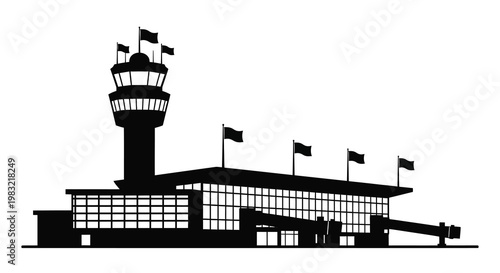 Black and white silhouette of an airport control tower and terminal building