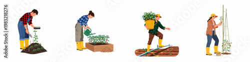 Flat vector illustrations of diverse people engaged in agricultural activities including planting, watering, harvesting, and tending to vegetable plants on a farm.