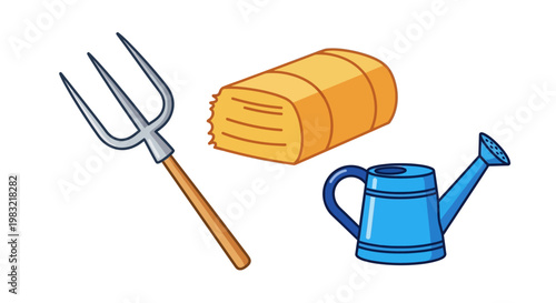 Farm Tools and Hay Bale: Pitchfork, Watering Can, and Straw Bale Illustration