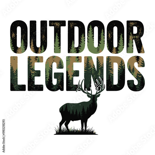 Outdoor Legends logo with deer and trees on white background tshirt design