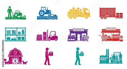 Food Supply Chain Icons: Farm to Table, Logistics, and Industry