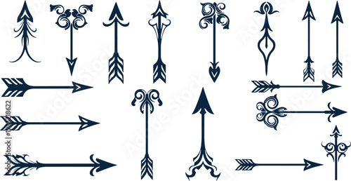 Collection of vintage ornate arrow and pointer designs for artistic or decorative use