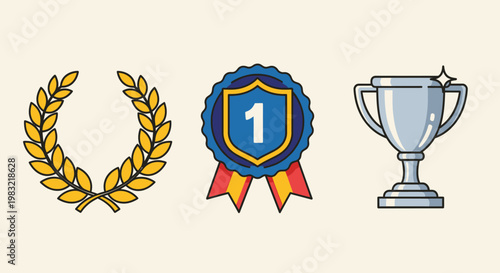 Gold Laurel Wreath, Number 1 Badge, and Silver Trophy Cup for Achievement and Success