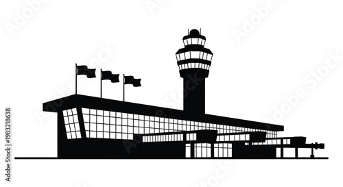 Black silhouette of an airport control tower and terminal building