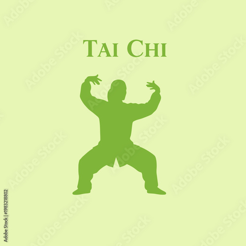 Green Silhouette of Person Performing Tai Chi on Light Green Background