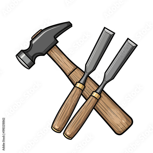 Hammer and Chisels Crossed on White Background - Woodworking Tools