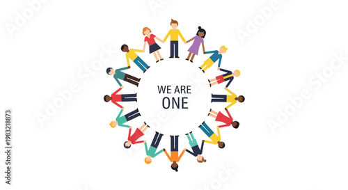 Diversity, unity, people holding hands, teamwork, solidarity vector icon, WE ARE ONE, multicultural community