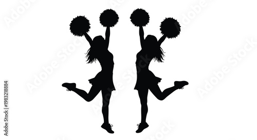 Silhouette of two cheerleaders jumping with pom poms in the air