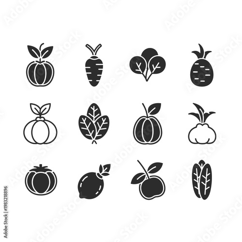 Healthy Food Icons: Fresh Fruits and Vegetables Collection