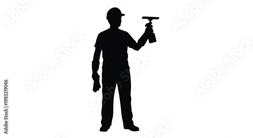 Silhouette of a window cleaner holding a squeegee and spray bottle