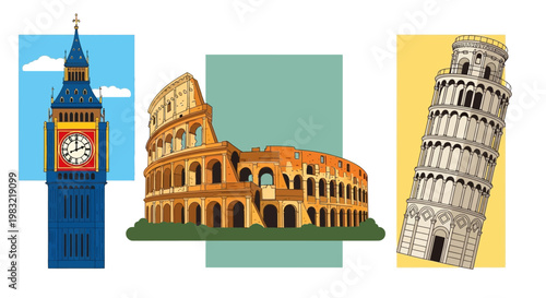 Iconic Landmarks Collage: Big Ben, Colosseum, Leaning Tower of Pisa