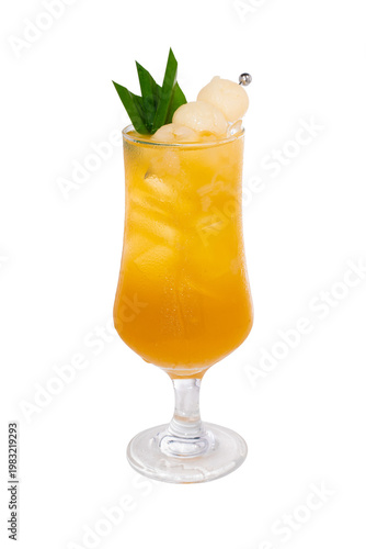 Bild auf Leinwand A vibrant, iced orange tropical cocktail garnished with three fresh lychees on a metal skewer and decorative green pandan leaves