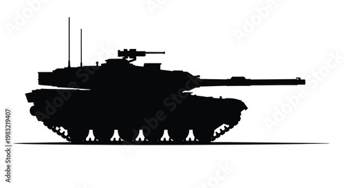 Silhouette of a modern military tank against a white background