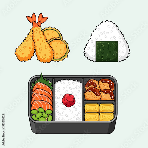 Japanese Bento Box Lunch with Sushi, Tempura, and Onigiri