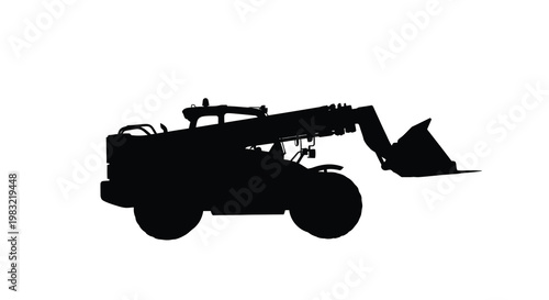 Silhouette of a telehandler construction vehicle against a white background