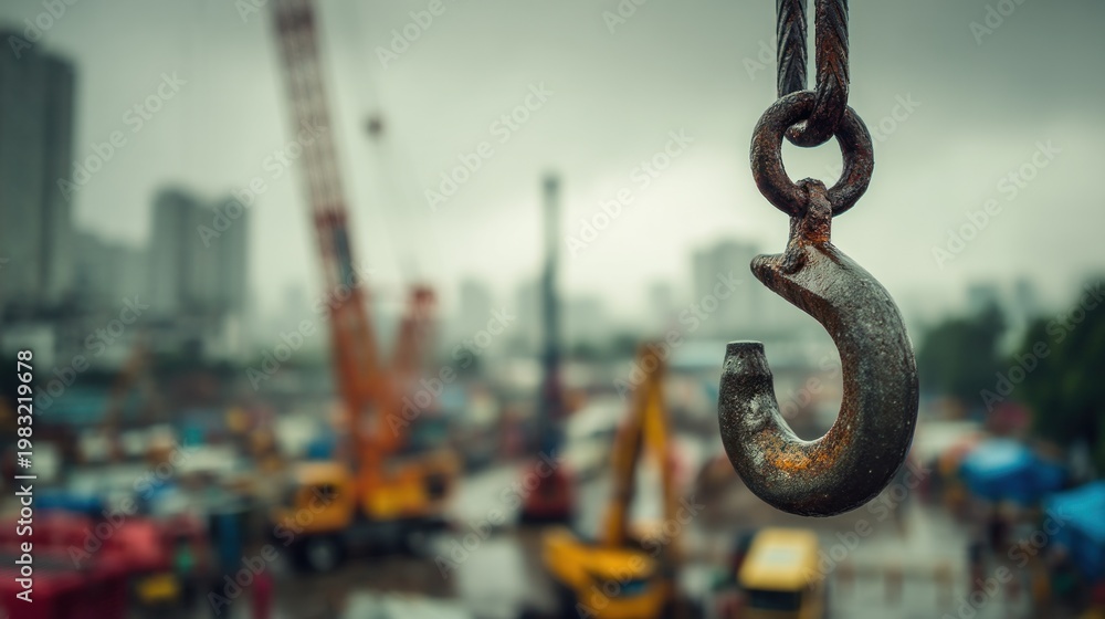 Naklejka premium Close up of a rusty construction hook on a cloudy day