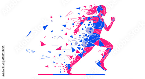 Abstract Geometric Runner Woman, Pink Blue Digital Art, Speed Motion